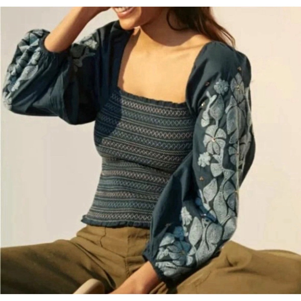 Anthropologie Smocked Embroidered Top Women's Small Retail $98